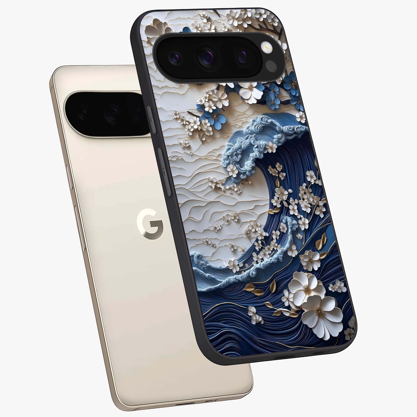 Floral Wave Origami Glass Case displayed in angled mockup highlighting geometric origami flower design with modern aesthetic style.
