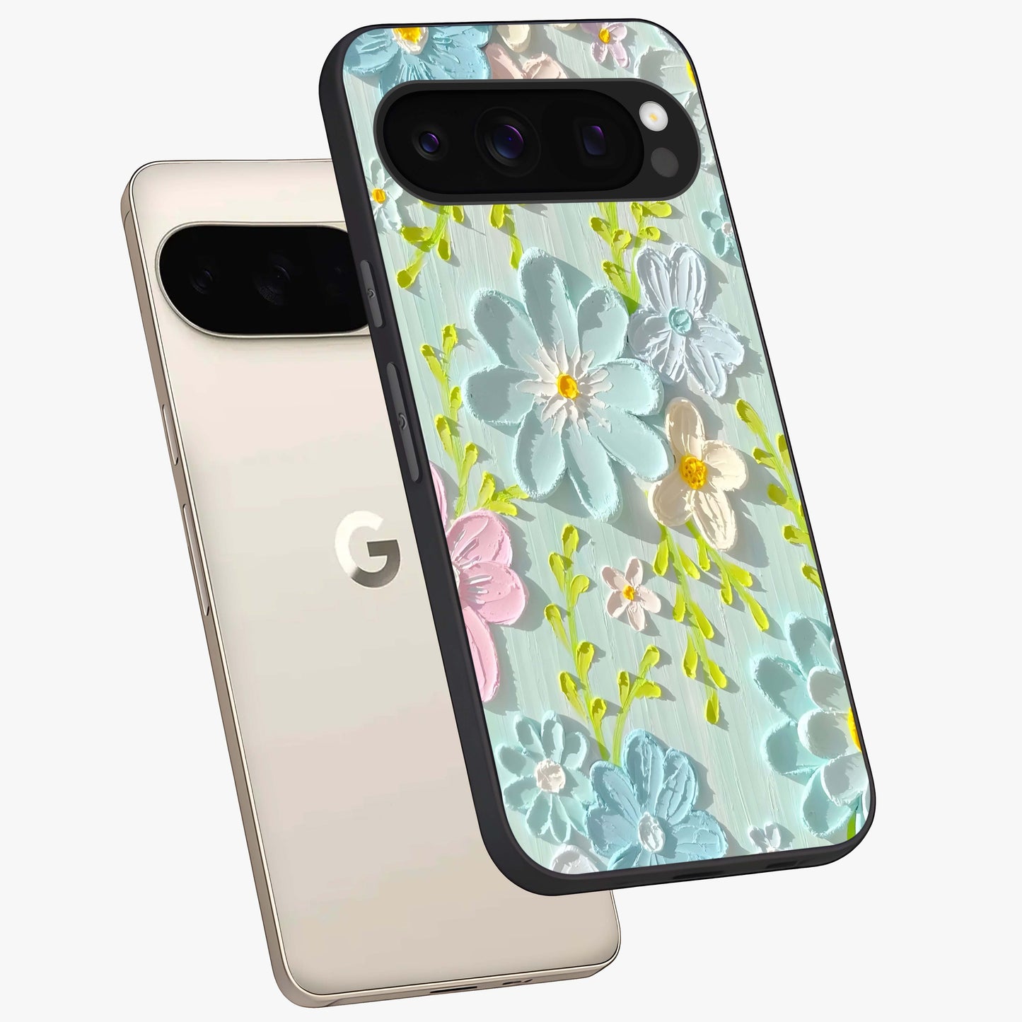 Frosted Petal Garden Glass Case displayed in angled mockup highlighting delicate flower petal design with calm garden aesthetic.