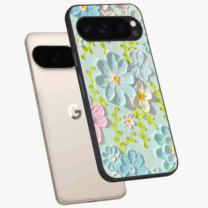 Frosted Petal Garden Glass Case displayed in angled mockup highlighting delicate flower petal design with calm garden aesthetic.