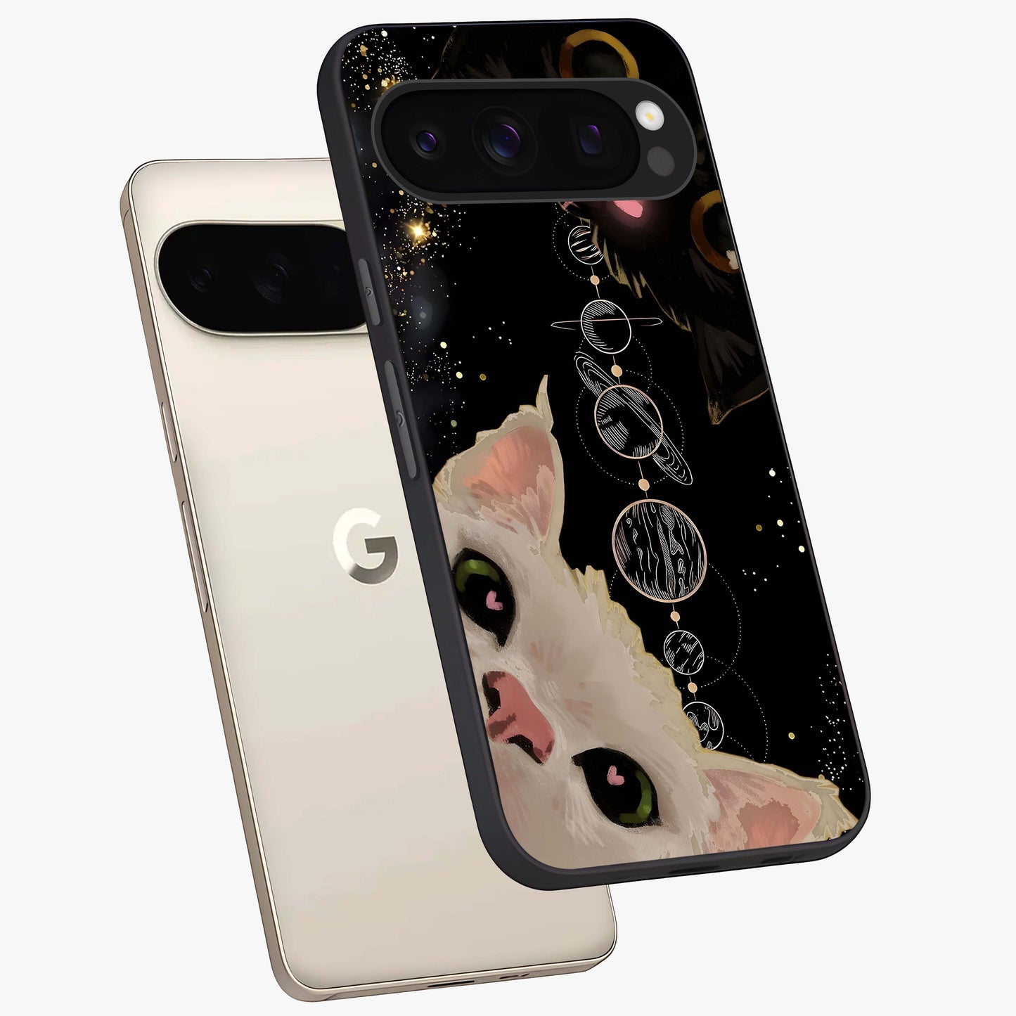 Galactic Cat Glass Case displayed in angled mockup highlighting celestial feline illustration with galaxy aesthetic style.