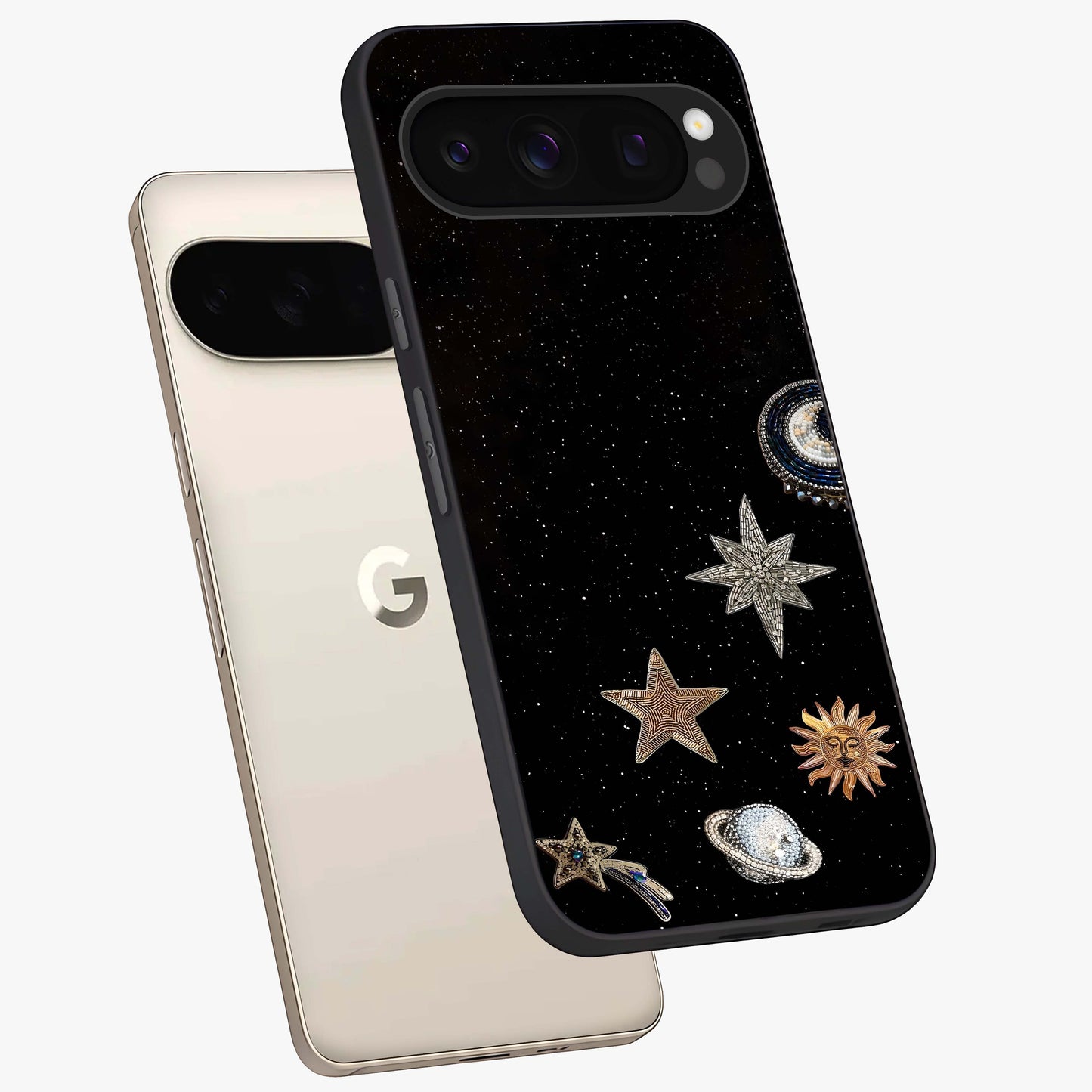 Galactic Charm Glow Glass Case displayed in angled mockup highlighting luminous galaxy inspired design with dreamy aesthetic.