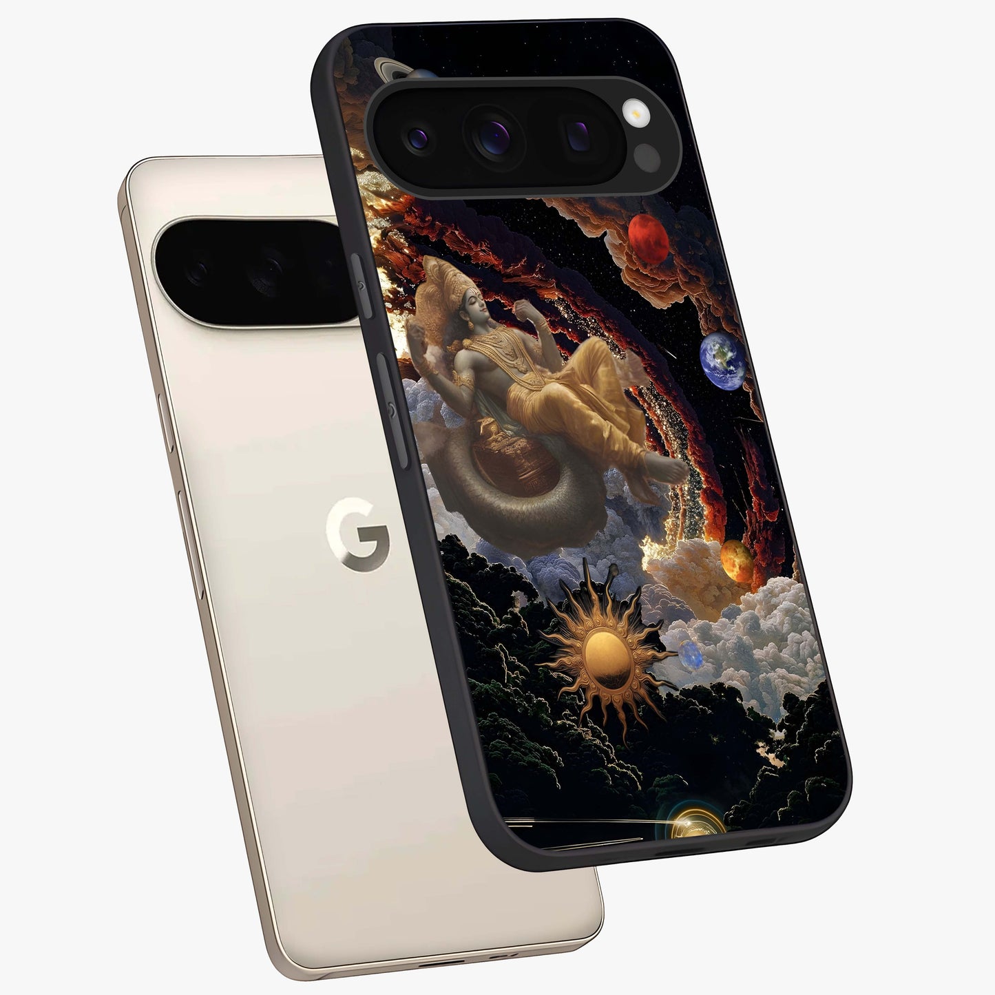 Galactic Divine God Glass Case displayed in angled mockup highlighting powerful celestial deity illustration with galactic aesthetic.