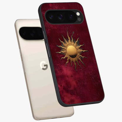 Golden Sun Minimalism Glass Case displayed in angled mockup highlighting clean sun symbol design with modern minimal aesthetic.