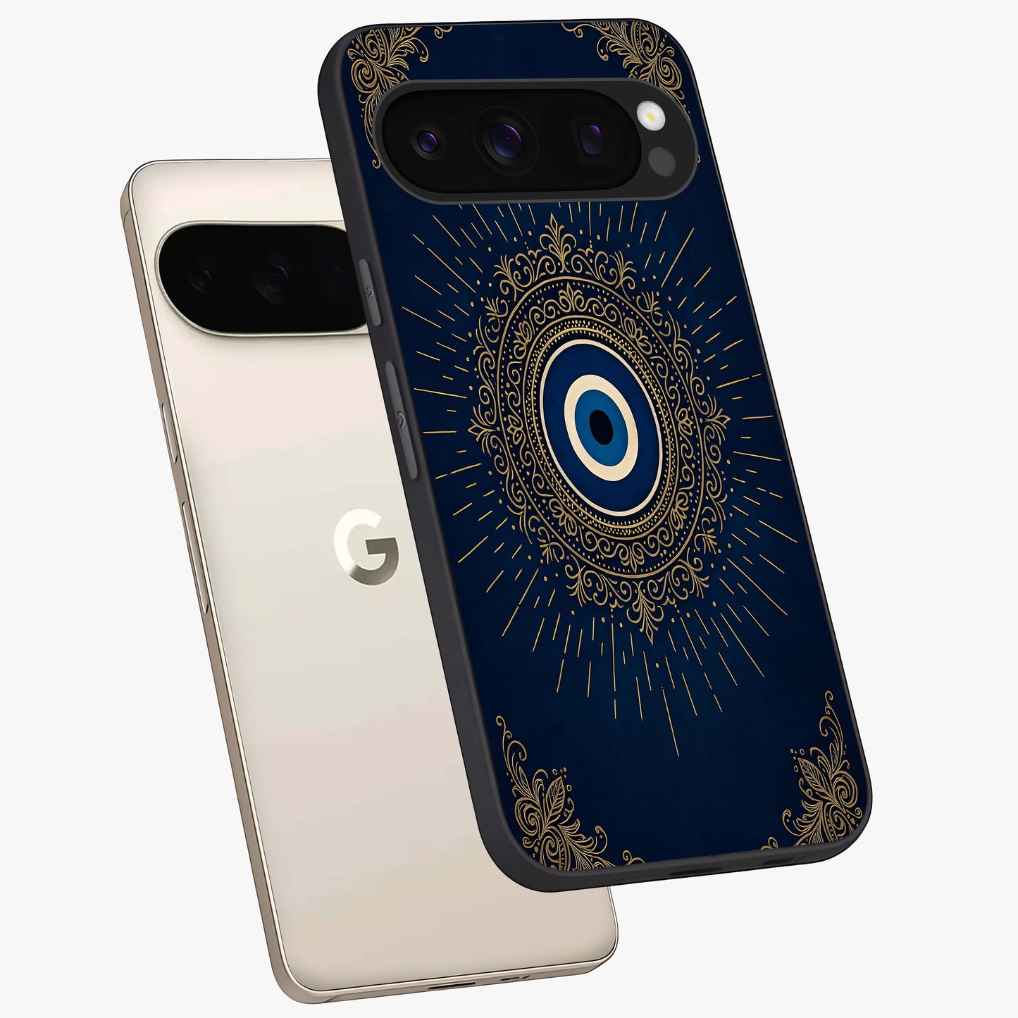 Golden Celestial Charm Glass Case displayed in angled mockup highlighting sparkling cosmic charm design with celestial aesthetic.