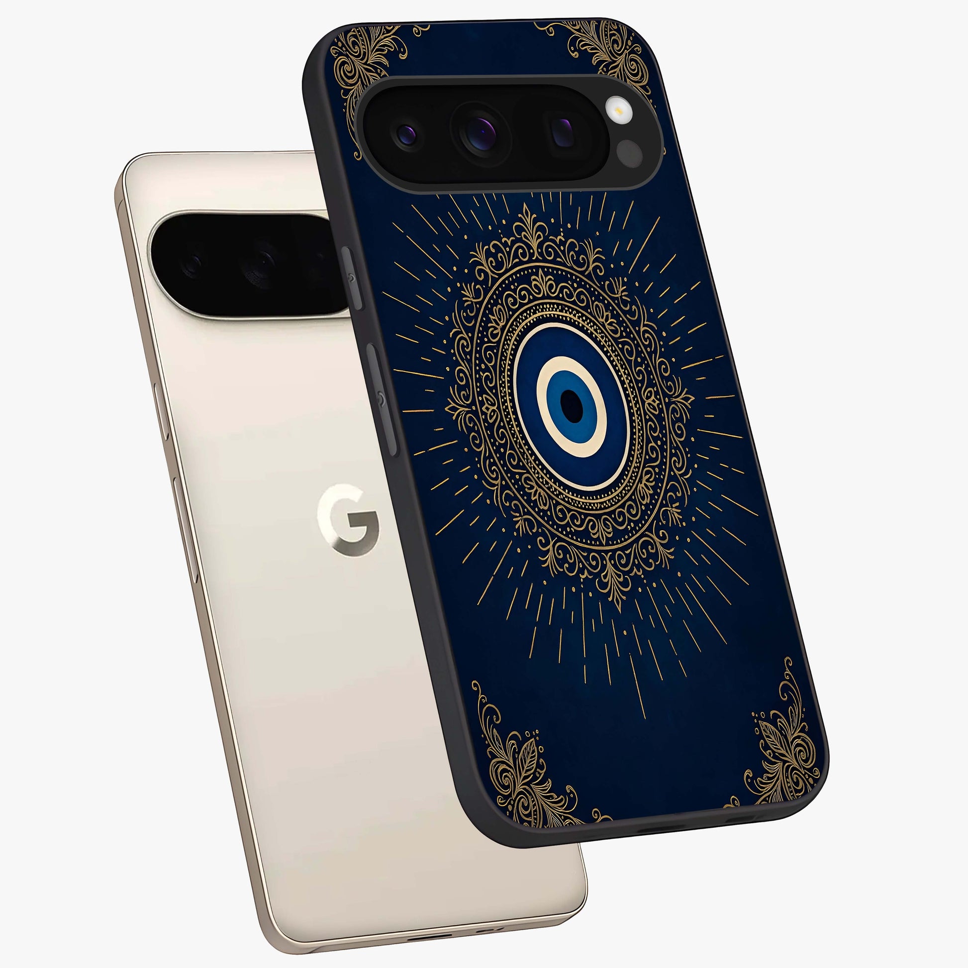 Golden Celestial Charm Glass Case displayed in angled mockup highlighting sparkling cosmic charm design with celestial aesthetic.