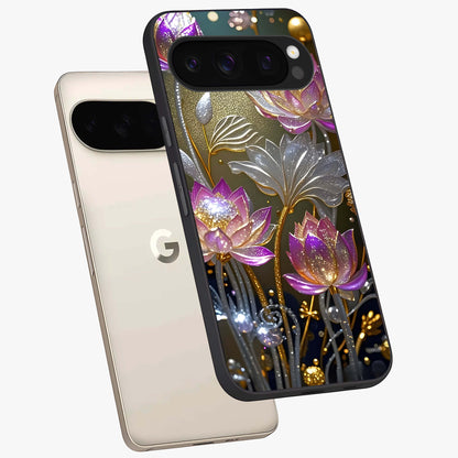 Golden Floral Majesty Glass Case displayed in angled mockup highlighting elegant flower design with royal golden aesthetic.