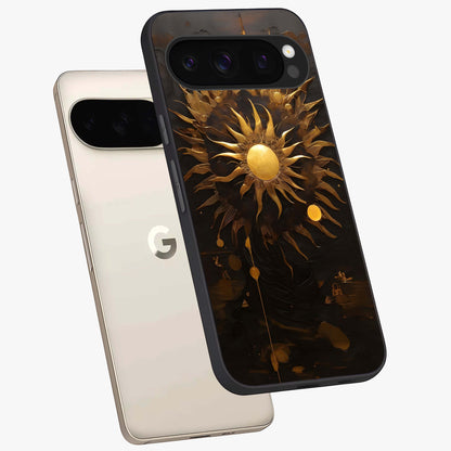 Golden Sun Majesty Glass Case displayed in angled mockup highlighting eerie shadow illustration with gothic aesthetic.