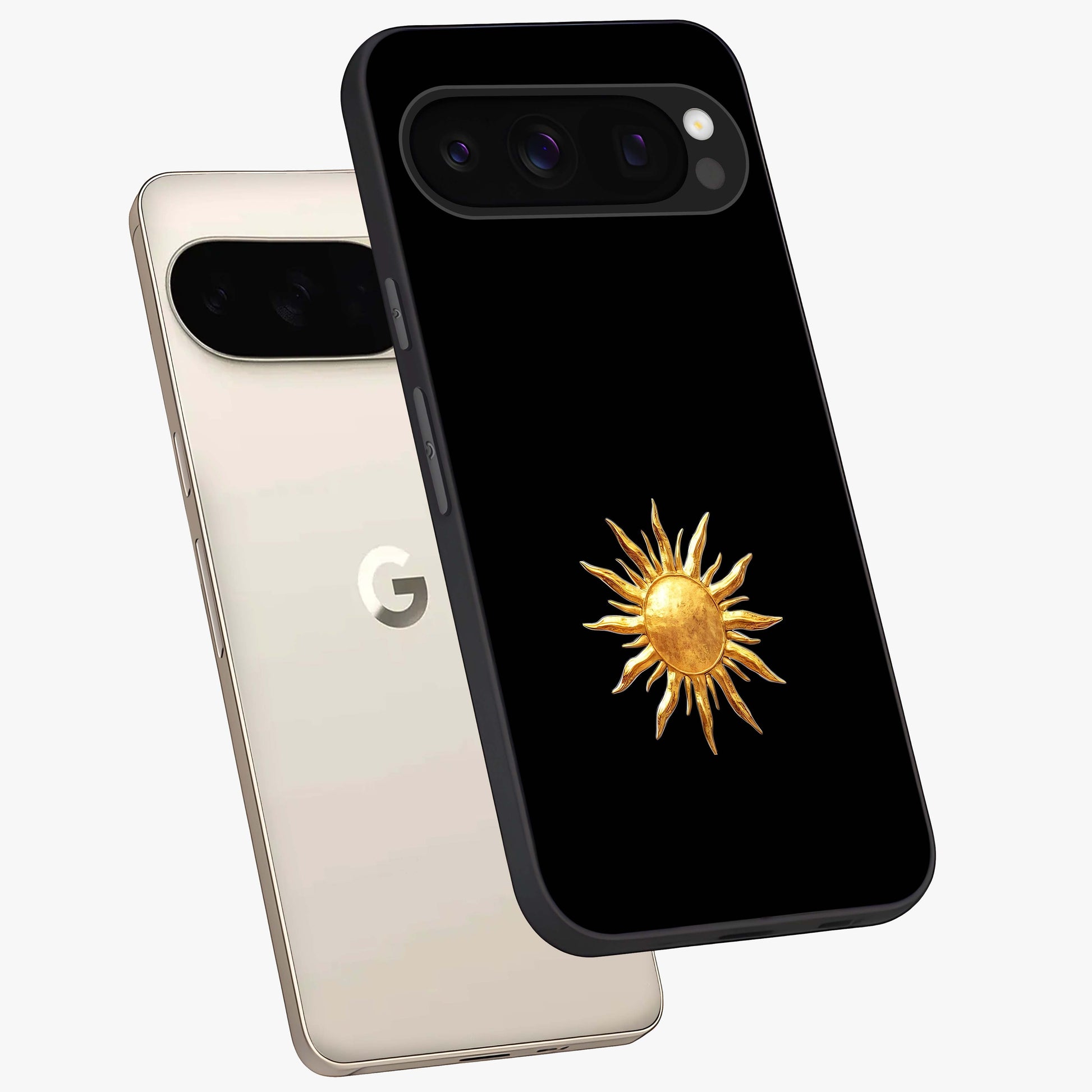 Golden Sun Minimalism Glass Case displayed in angled mockup highlighting eerie shadow illustration with gothic aesthetic.