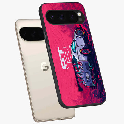 GT-R Car Pattern Glass Case displayed in angled mockup highlighting racing car graphic design with bold automotive aesthetic.