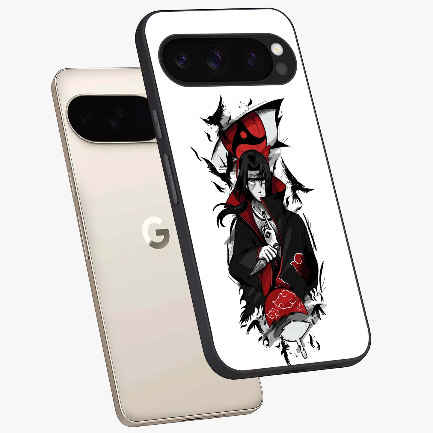 Itachi Limited Edition Naruto Anime Glass Case displayed in angled mockup highlighting dramatic anime illustration with bold action aesthetic.