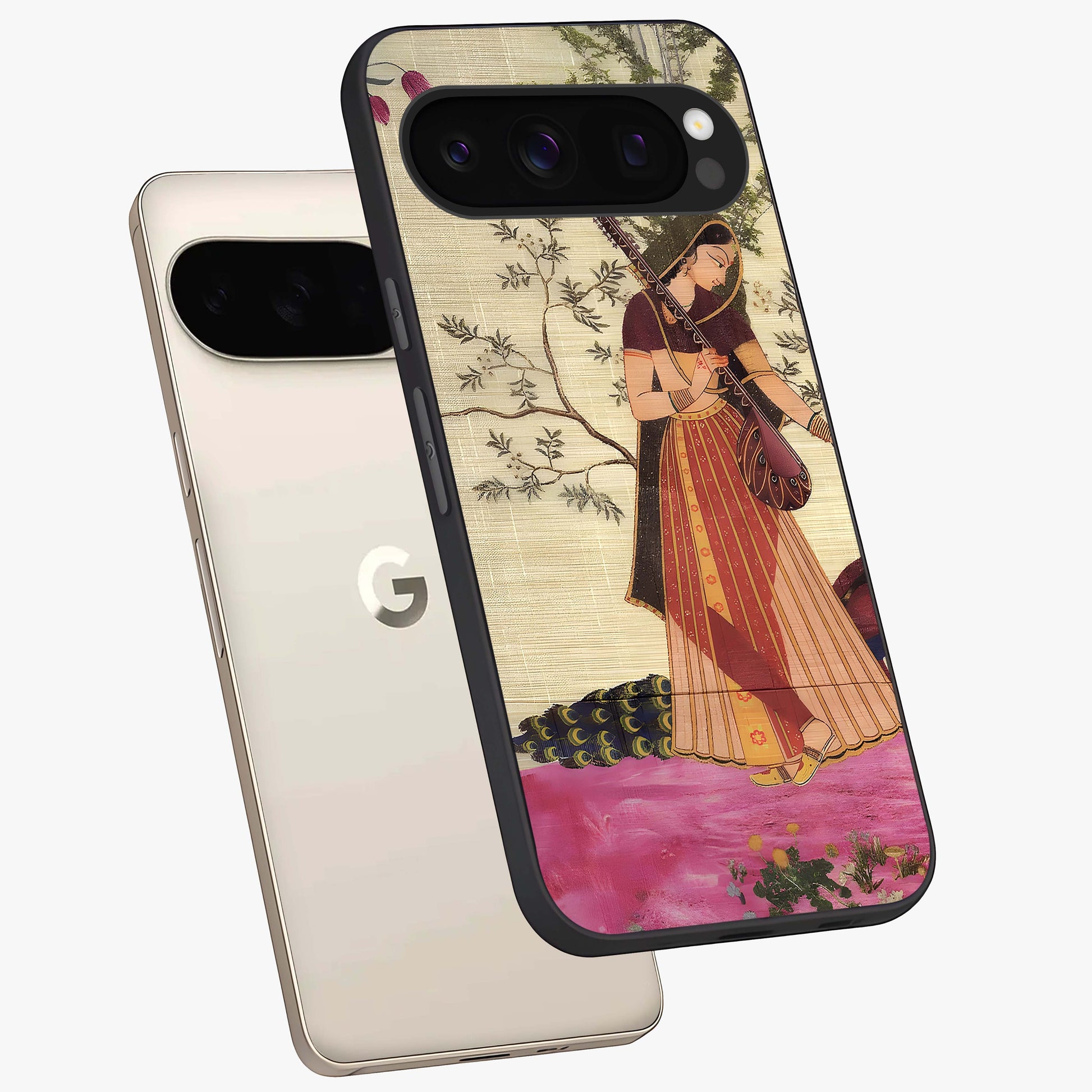 Lady With Veena Art Glass Case displayed in angled mockup highlighting graceful musical illustration with cultural artistic aesthetic.