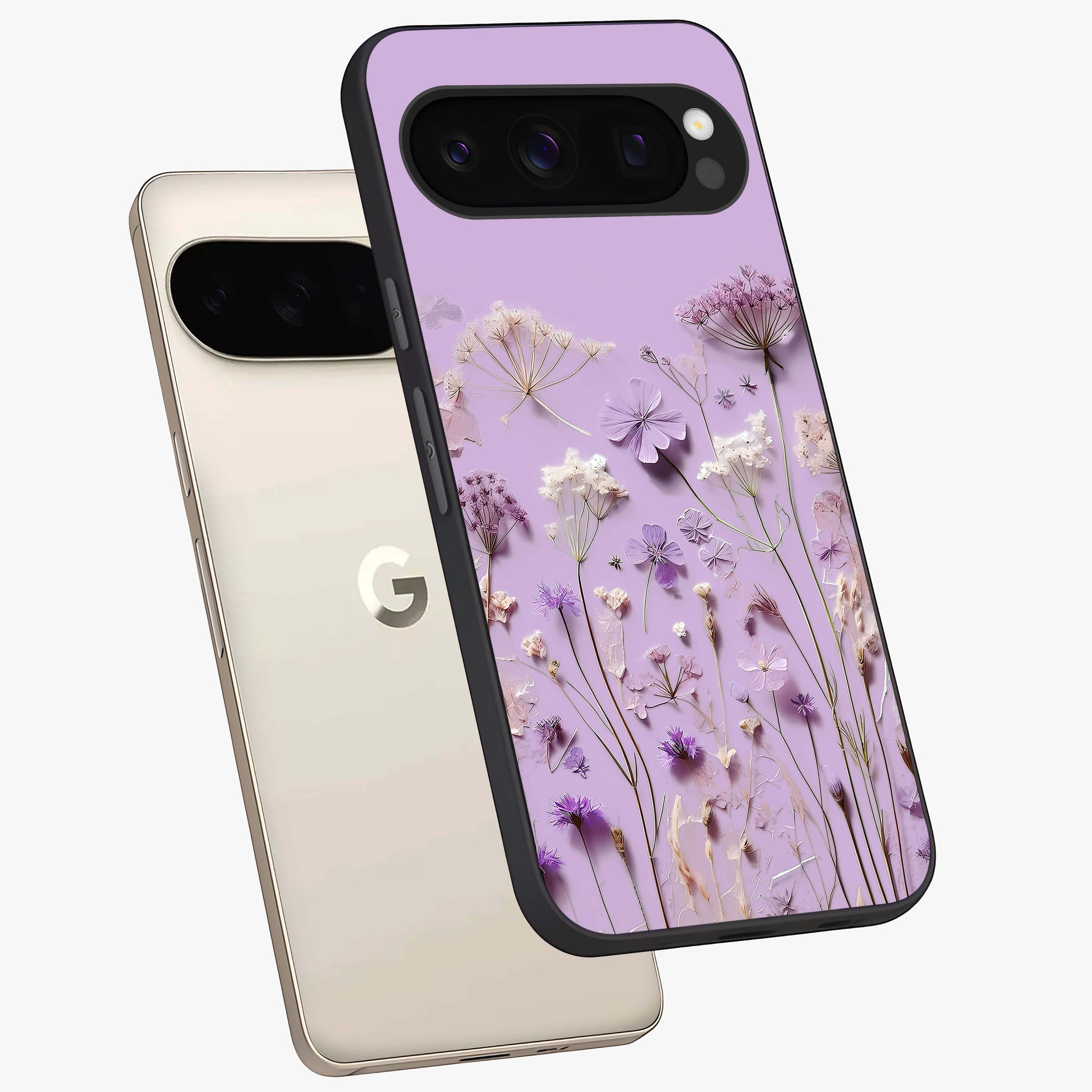 Lavender Blossom Dream Glass Case displayed in angled mockup highlighting dreamy lavender flower design with calming aesthetic style.