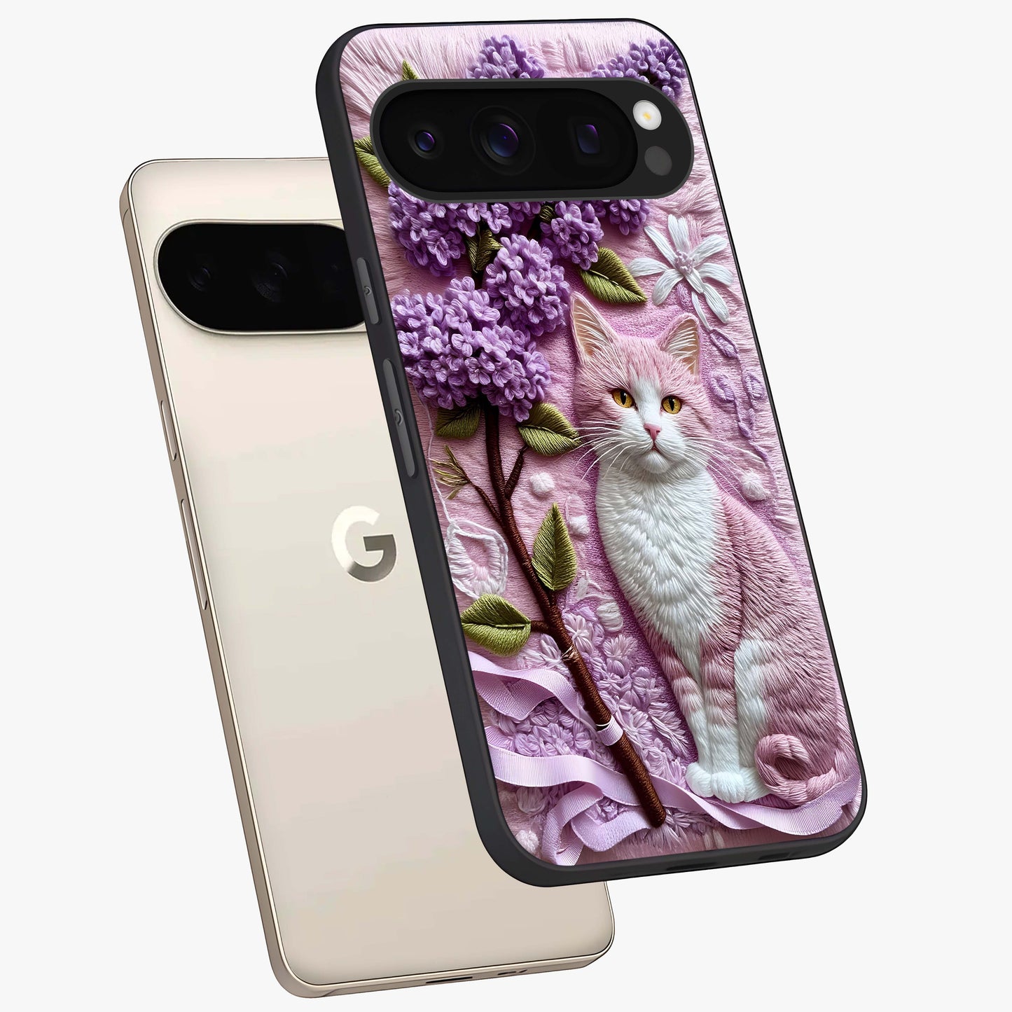 Lavender Cat Whimsy Glass Case displayed in angled mockup highlighting playful feline illustration with pastel lavender aesthetic.