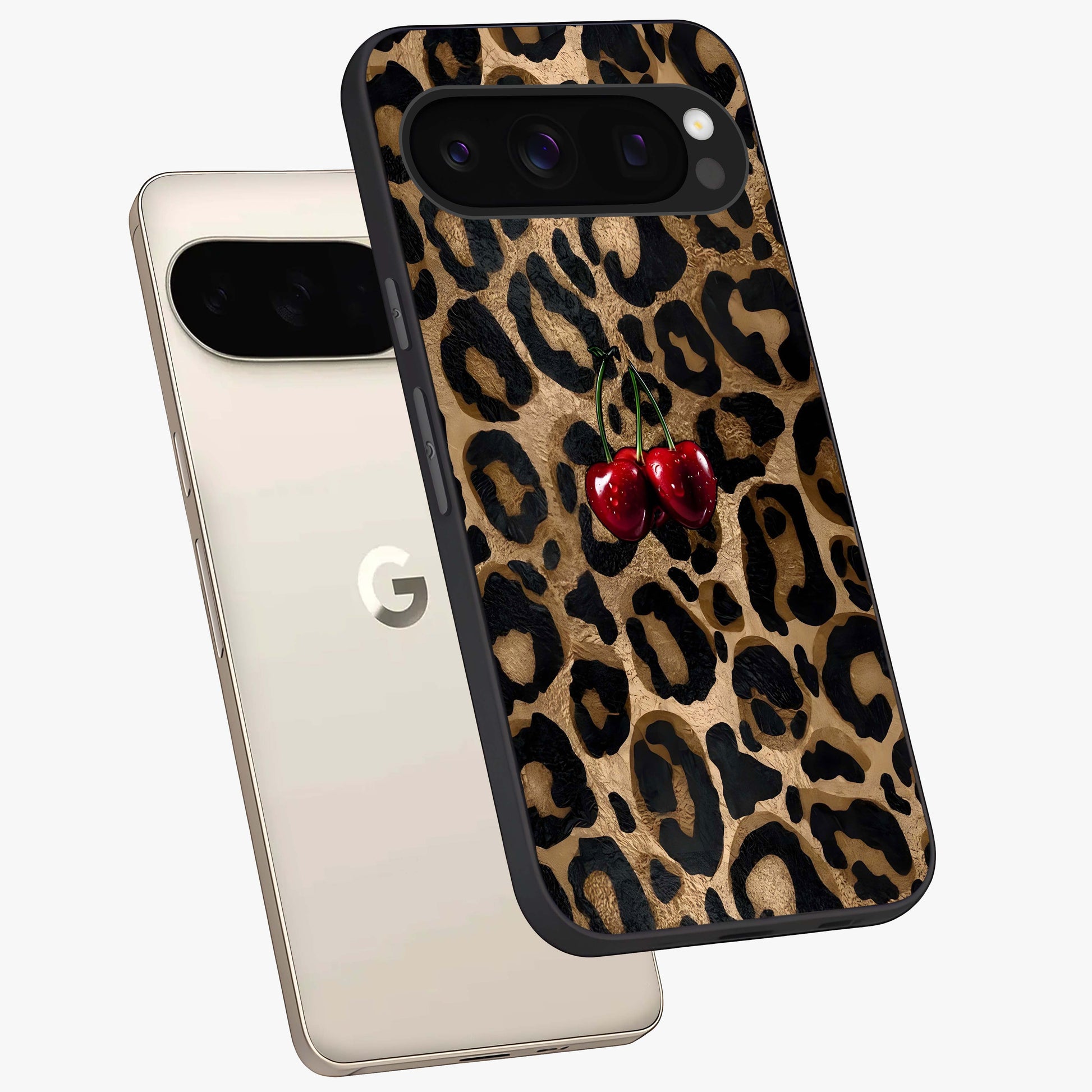 Leopard Wild Cherry Glass Case displayed in angled mockup highlighting bold animal print design with playful cherry aesthetic.