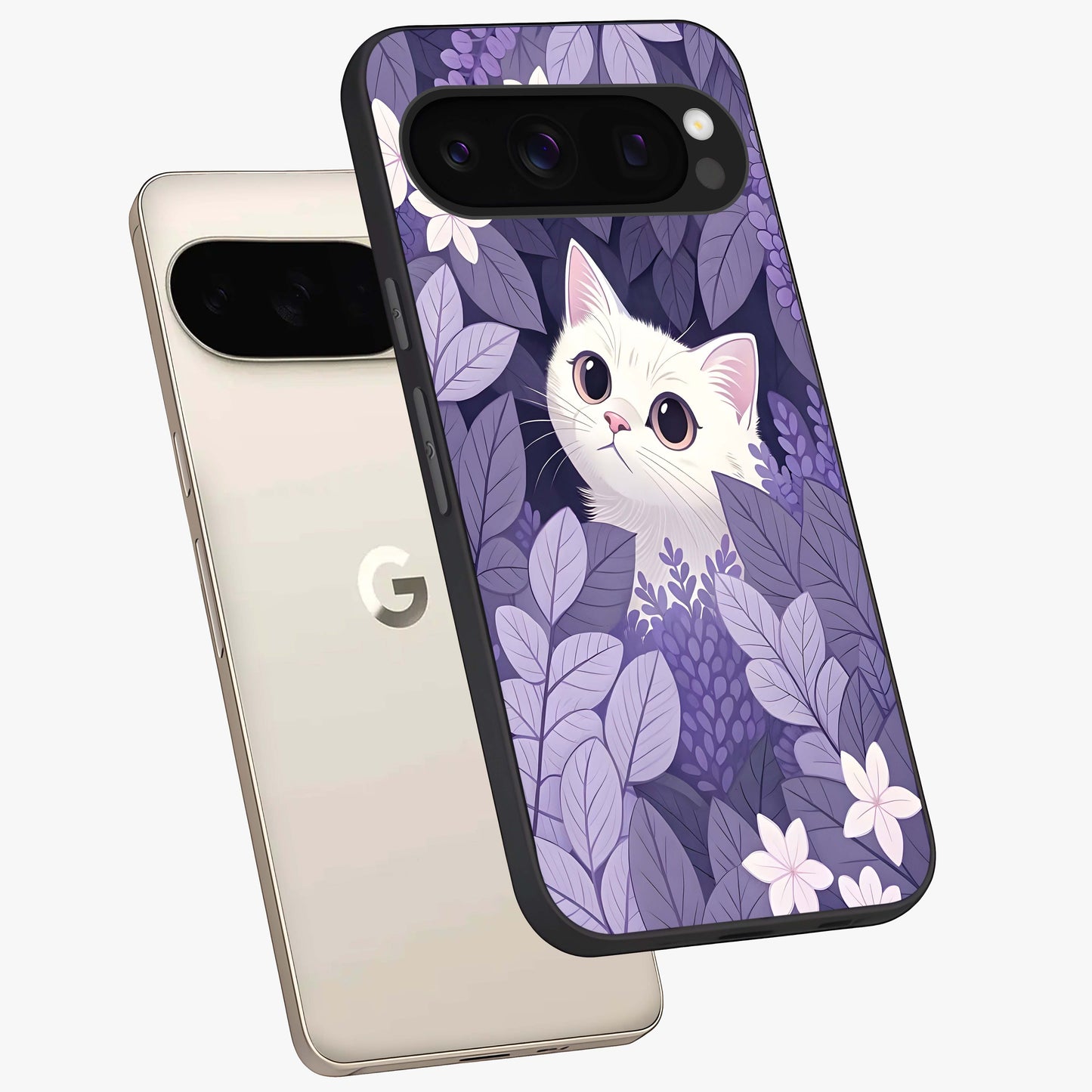 Lilac Hide Peek Cat Glass Case displayed in angled mockup highlighting playful feline illustration with lilac aesthetic design.