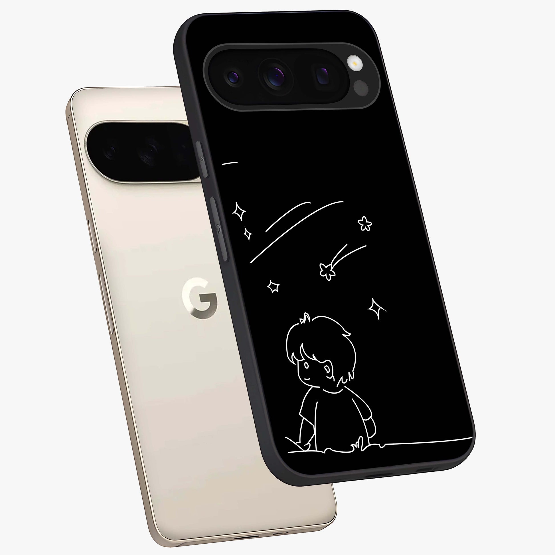 Line Art Boy With Shooting Stars Glass Case displayed in angled mockup highlighting elegant line art design with dreamy star aesthetic.