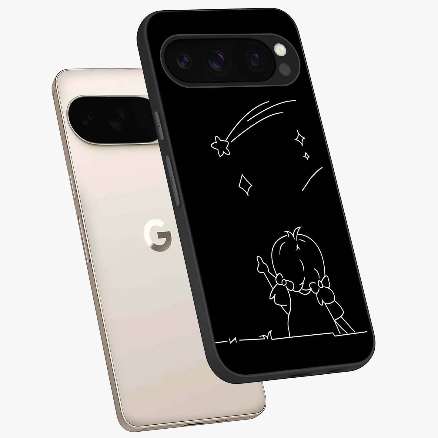 Line Art Girl With Shooting Stars Glass Case displayed in angled mockup highlighting elegant line art design with dreamy star aesthetic.