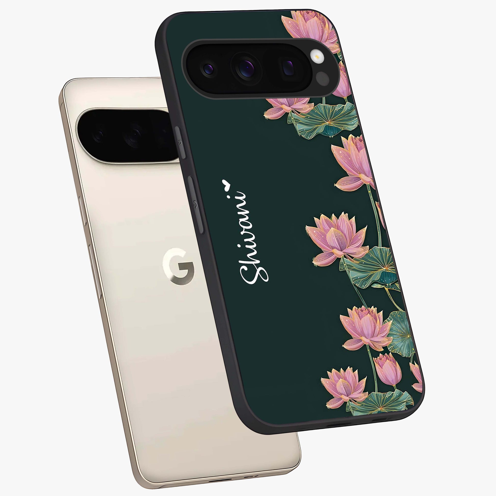Lotus Bloom Serenity Custom Name Glass Case displayed in angled mockup highlighting graceful lotus illustration with custom name feature.