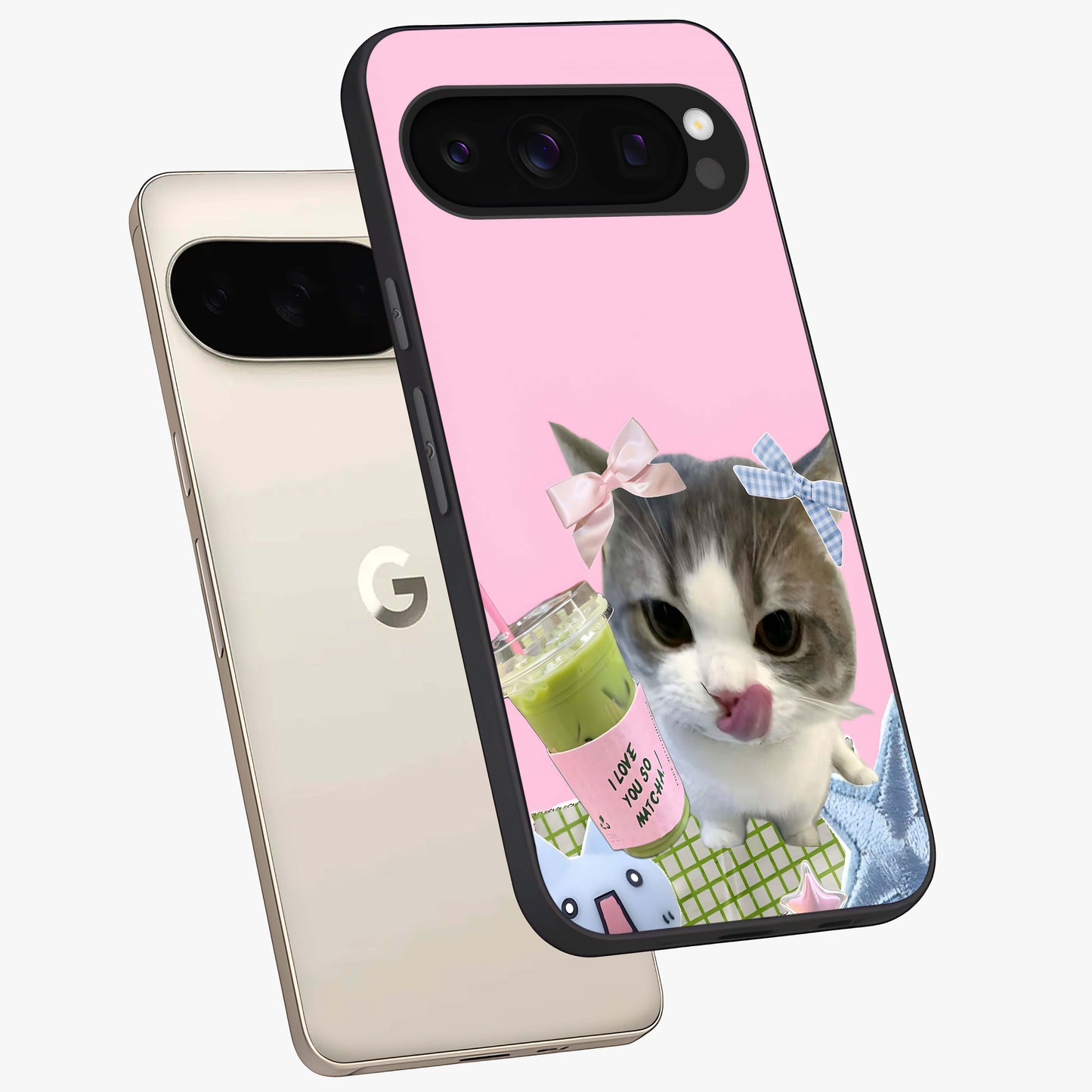 Love Matcha Cat Glass Case displayed in angled mockup highlighting playful feline illustration with cozy matcha aesthetic.