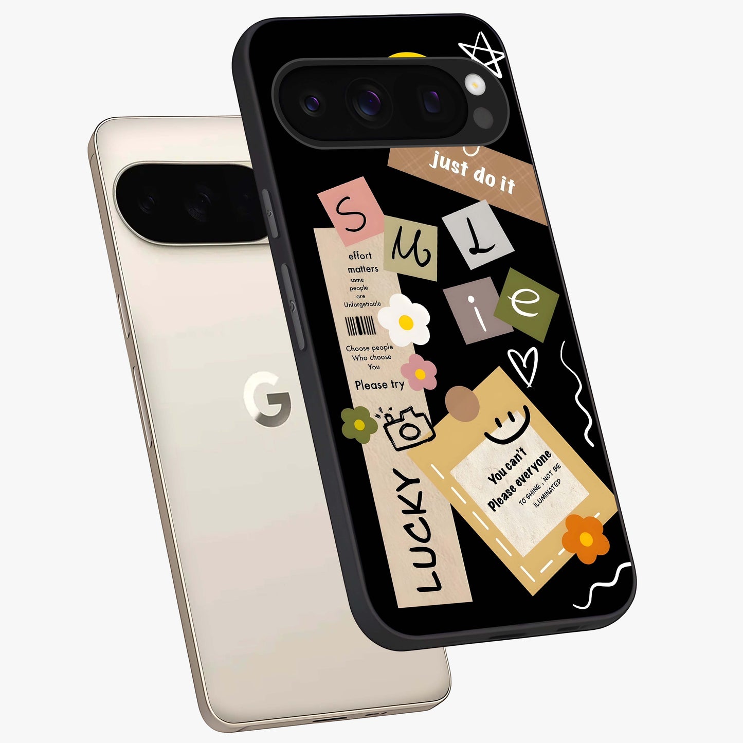 Lucky Aesthetic Collage Glass Case displayed in angled mockup highlighting stylish collage pattern with modern aesthetic vibe.