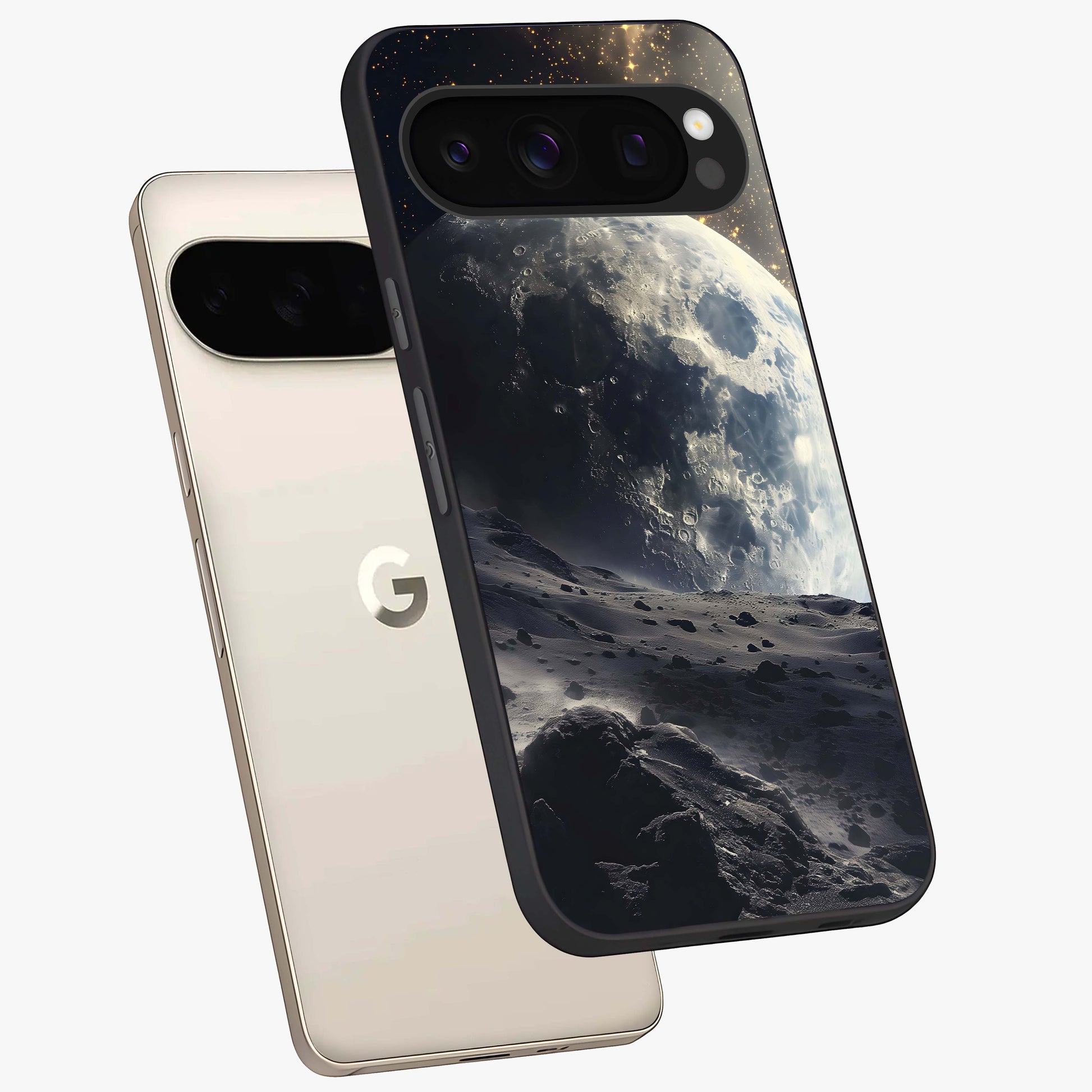 Lunar Horizon Glow Glass Case displayed in angled mockup highlighting celestial moon design with dreamy night aesthetic.