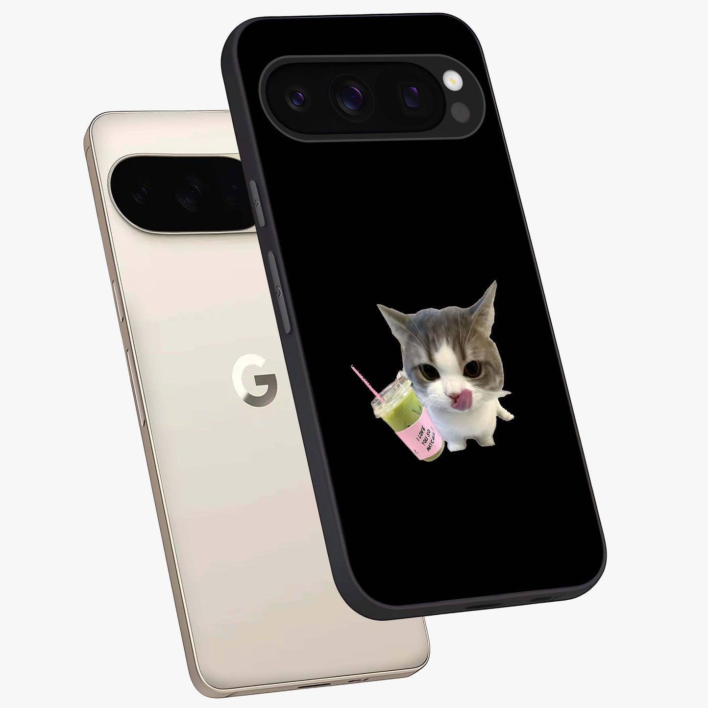 Matcha Cat Style Glass Case displayed in angled mockup highlighting playful feline design with pastel matcha aesthetic.