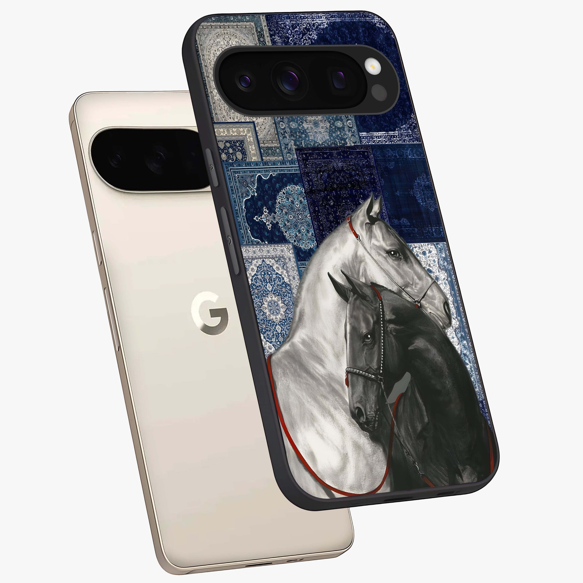 Midnight Stallion Blues Glass Case displayed in angled mockup highlighting powerful stallion illustration with deep midnight tones.