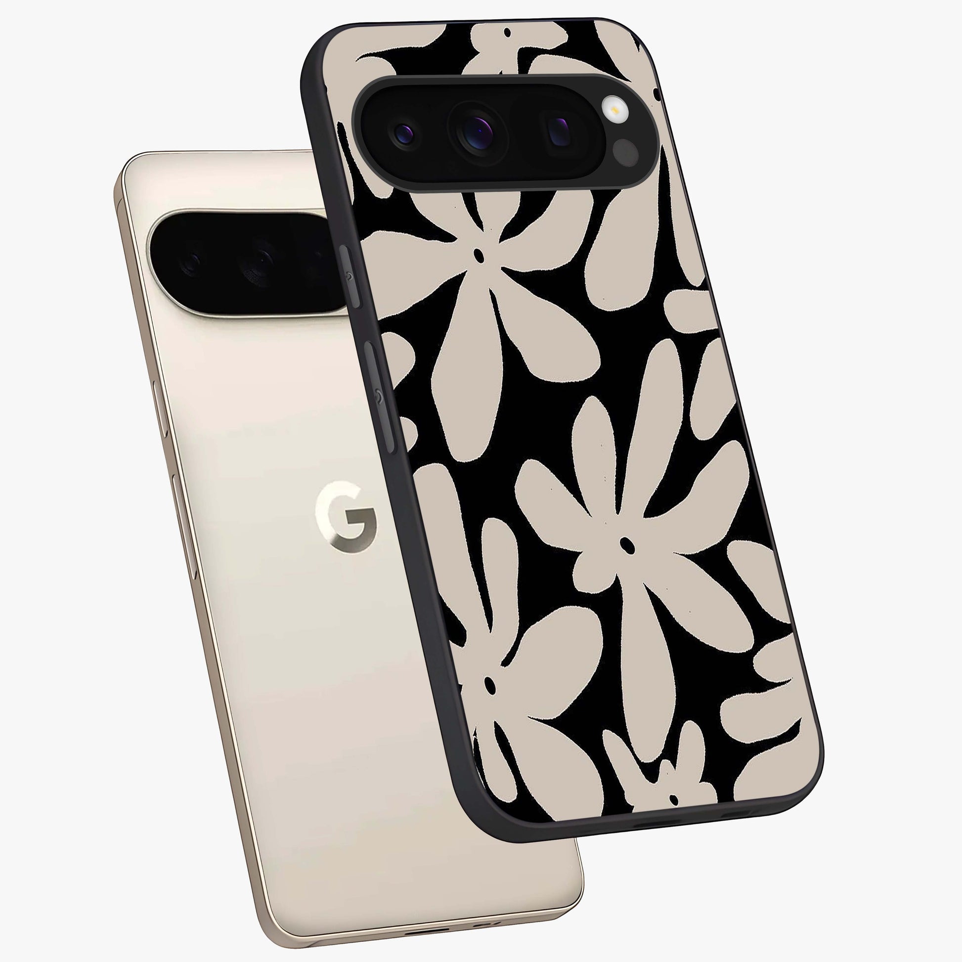 Monochrome Petal Dance Glass Case displayed in angled mockup highlighting elegant petal design with black and white aesthetic.