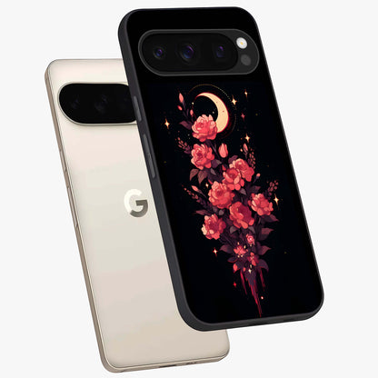 Moonlit Floral Elegance Glass Case displayed in angled mockup highlighting graceful flower design with soft moonlight aesthetic.