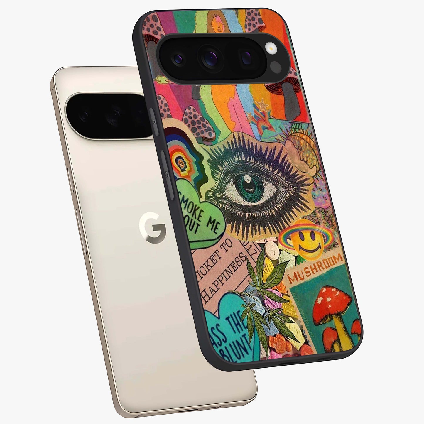 Mystic Eye Wonderland Glass Case displayed in angled mockup highlighting magical eye illustration with dreamy aesthetic.
