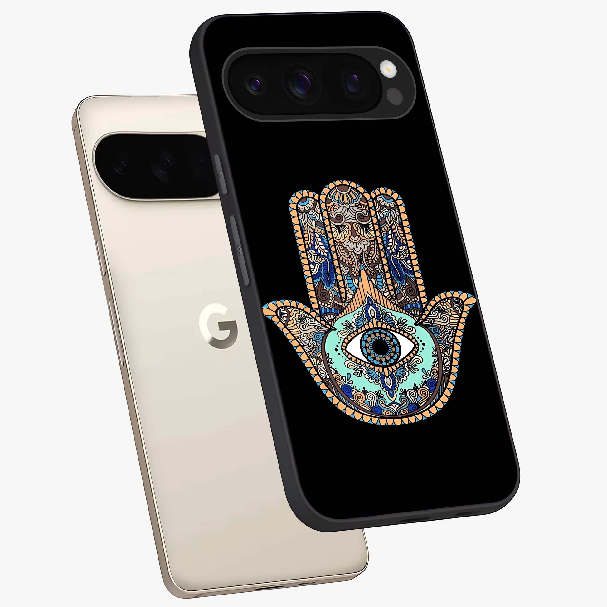 Mystic Hamsa Eye Glass Case displayed in angled mockup highlighting spiritual hamsa symbol with mystical aesthetic style.