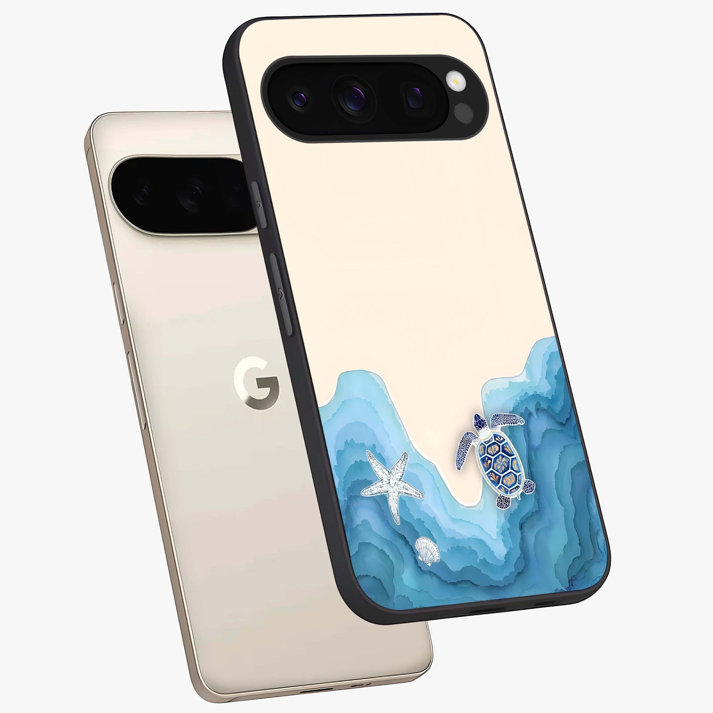 Ocean Drift Turtle Glass Case displayed in angled mockup highlighting peaceful ocean turtle illustration with marine aesthetic.