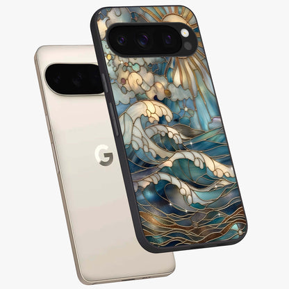 Oceanic Stained Printed Glass Case displayed in angled mockup highlighting colorful aquatic design with artistic aesthetic style.