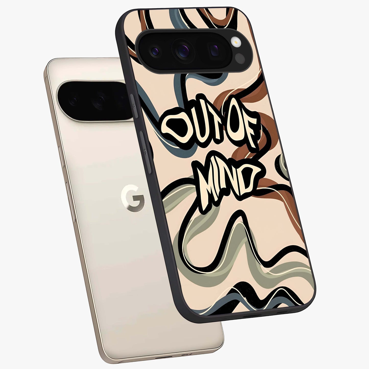 Out Of Mind Glass Case displayed in angled mockup highlighting bold statement design with modern artistic aesthetic.