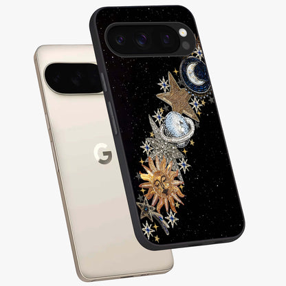 Pearls Universe Object Glass Case displayed in angled mockup highlighting celestial pearl design with dreamy aesthetic.