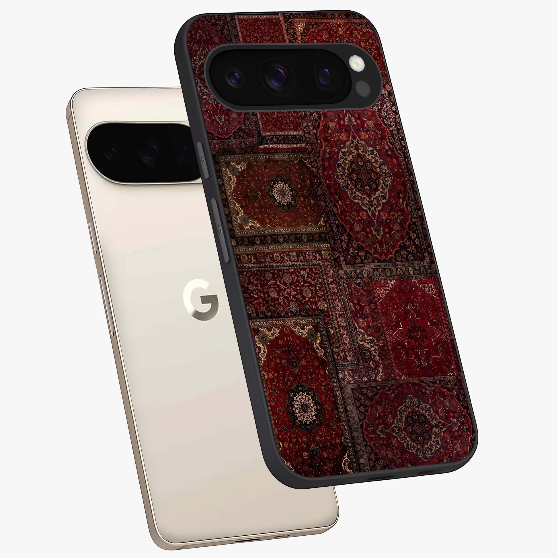 Persian Velvet Tale Glass Case displayed in angled mockup highlighting ornate textile inspired design with royal aesthetic.
