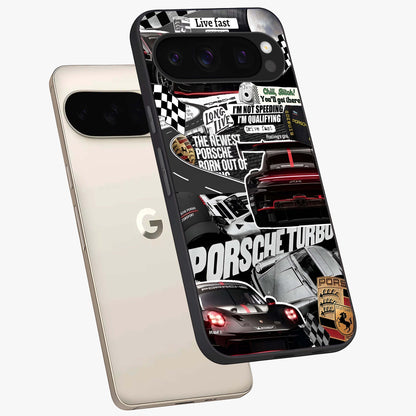 Porsche Racing Collage Glass Case displayed in angled mockup highlighting dynamic automotive design with bold racing aesthetic.