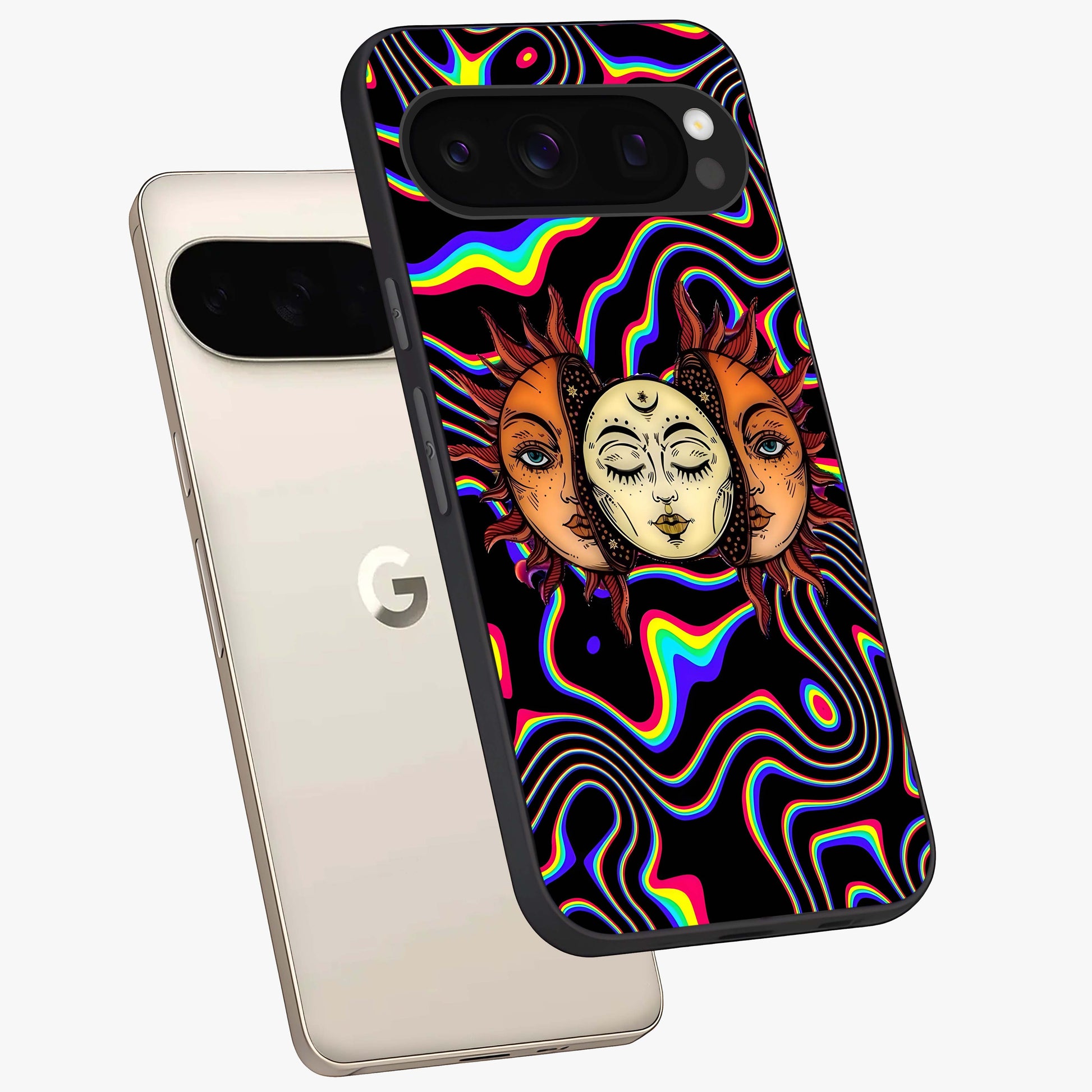Psychedelic Sun Glass Case displayed in angled mockup highlighting vibrant abstract sun design with artistic aesthetic style.