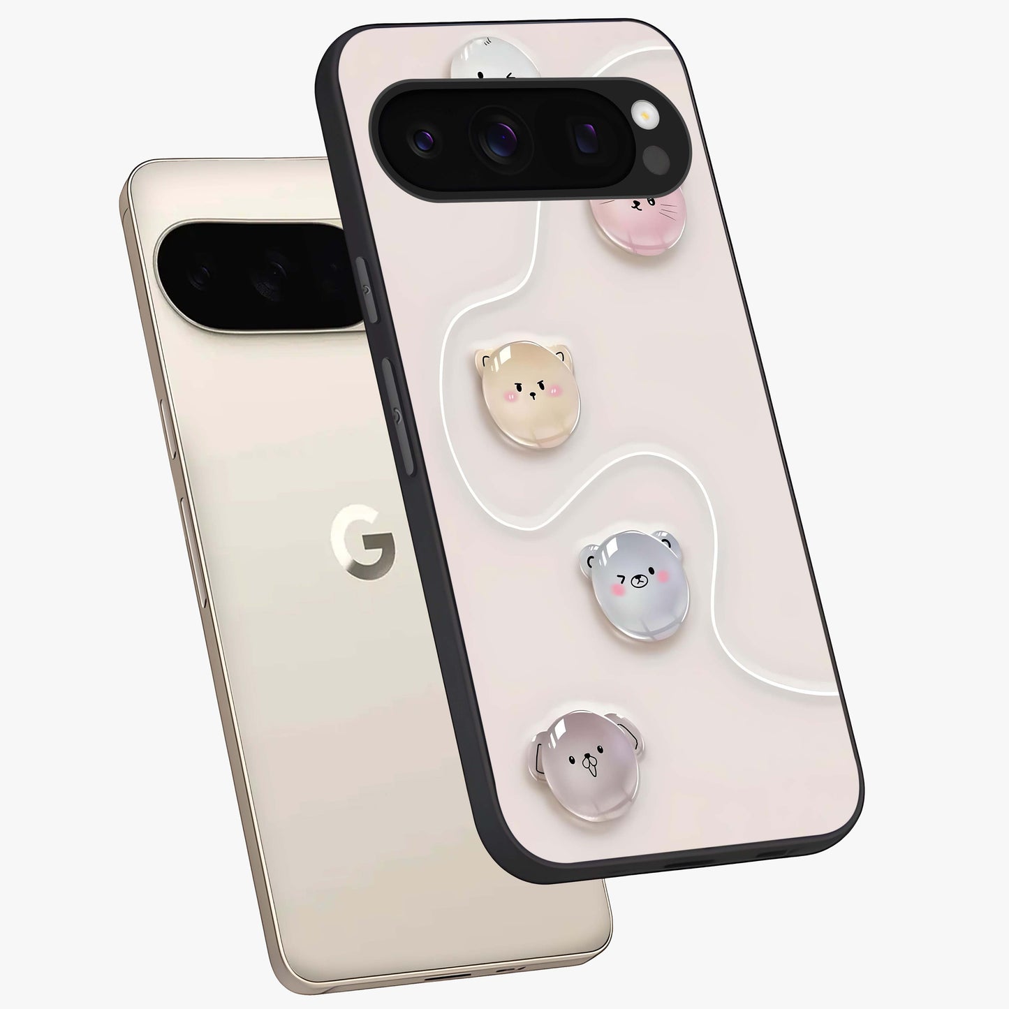 Puffy Face Parade Glass Case displayed in angled mockup highlighting playful cartoon face design with fun aesthetic.