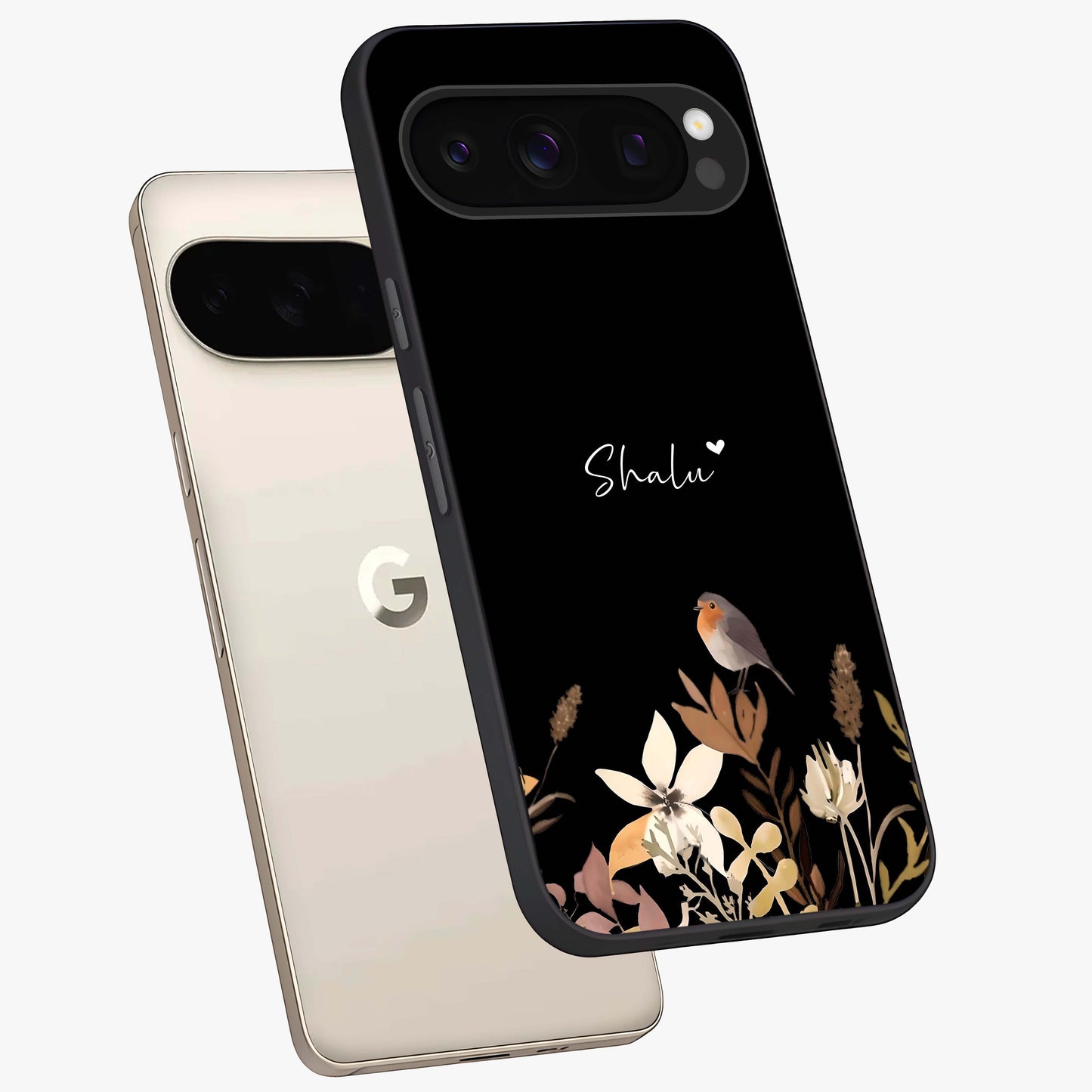 Quiet Garden Tune Custom Name Glass Case displayed in angled mockup highlighting delicate floral garden design with custom name feature.