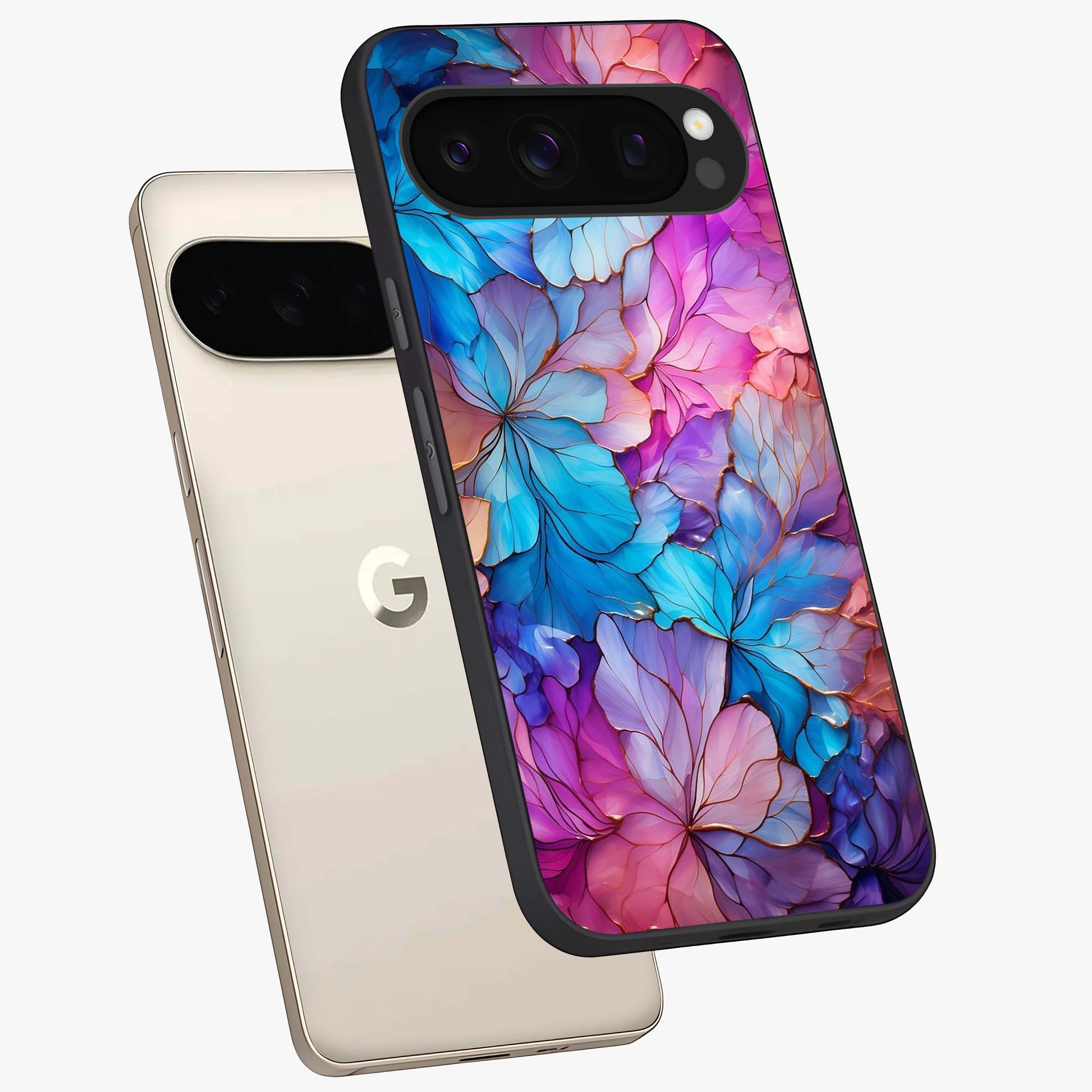 Radiant Floral Whirl Glass Case displayed in angled mockup highlighting vibrant flower pattern with dynamic artistic aesthetic.