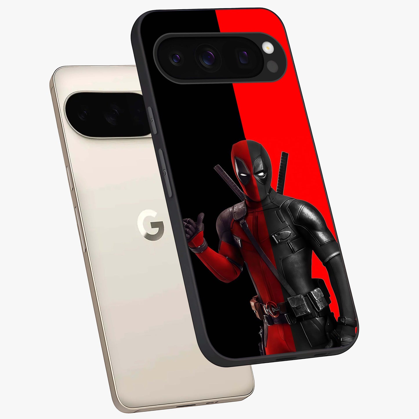 Red & Black Deadpool Theme Glass Case displayed in angled mockup highlighting vibrant superhero style illustration with action aesthetic.