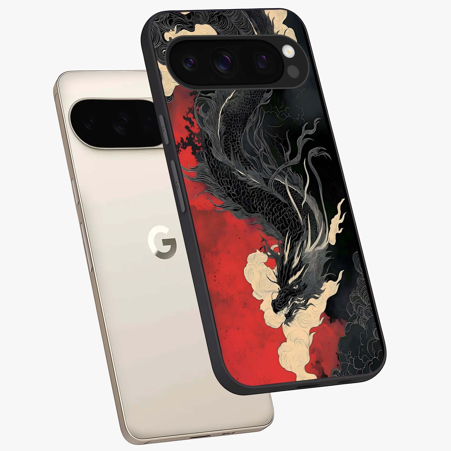 Scarlet Gaze Dominance Glass Case displayed in angled mockup highlighting intense visual design with bold scarlet aesthetic.
