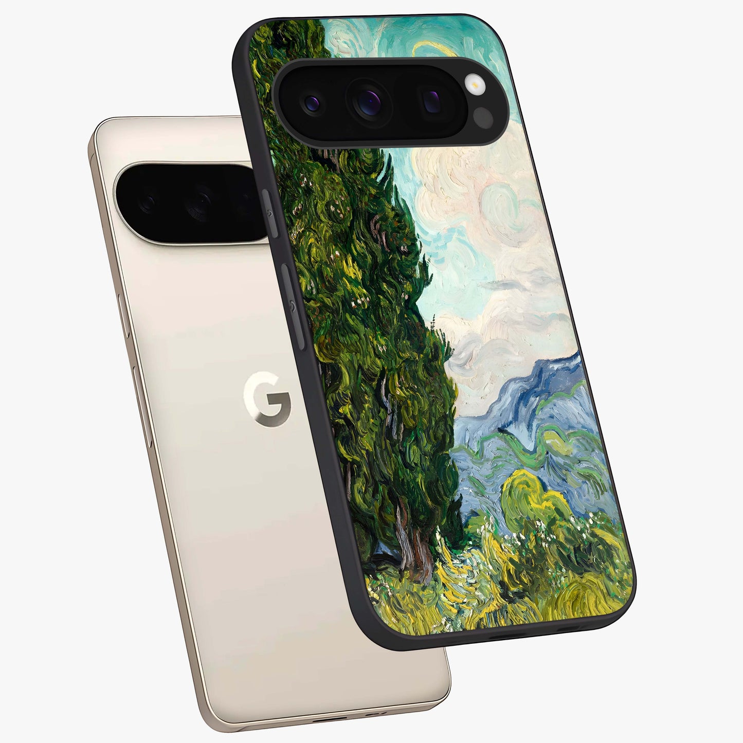 Van Gogh Art Glass Case displayed in angled mockup highlighting swirling brushstroke design with artistic aesthetic.