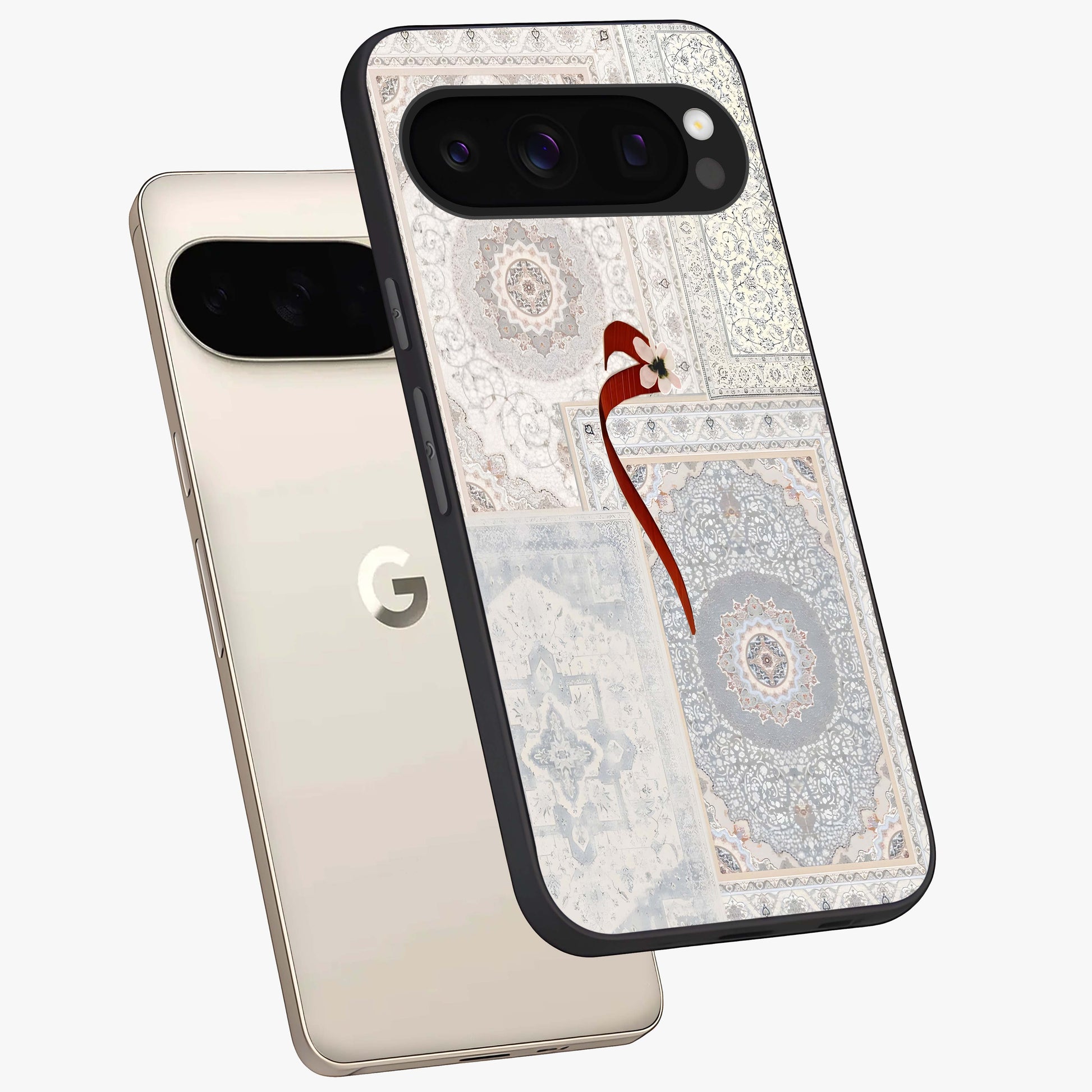 Whispers Of Wings Glass Case displayed in angled mockup highlighting soft feather design with celestial aesthetic style.