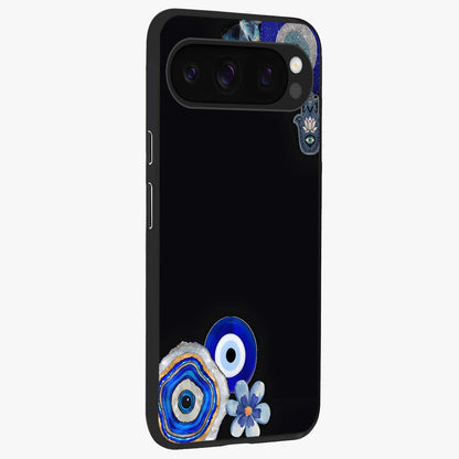 Aesthetic Blue Evil Eye Glass Case upright view showcasing mystical evil eye graphic with minimal aesthetic style.