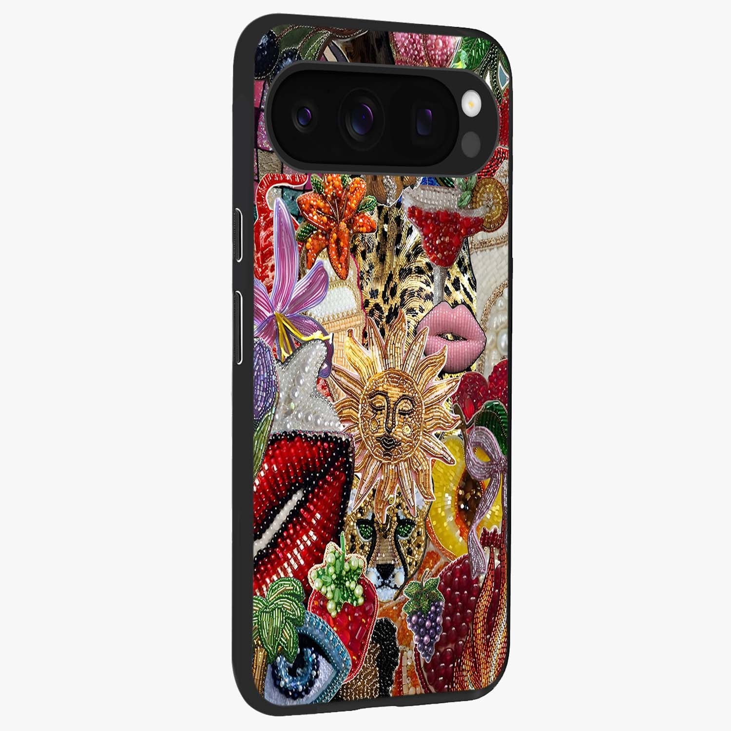 Beaded Fashion Jungle Glass Case upright view showcasing tropical jungle aesthetic with decorative bead elements.
