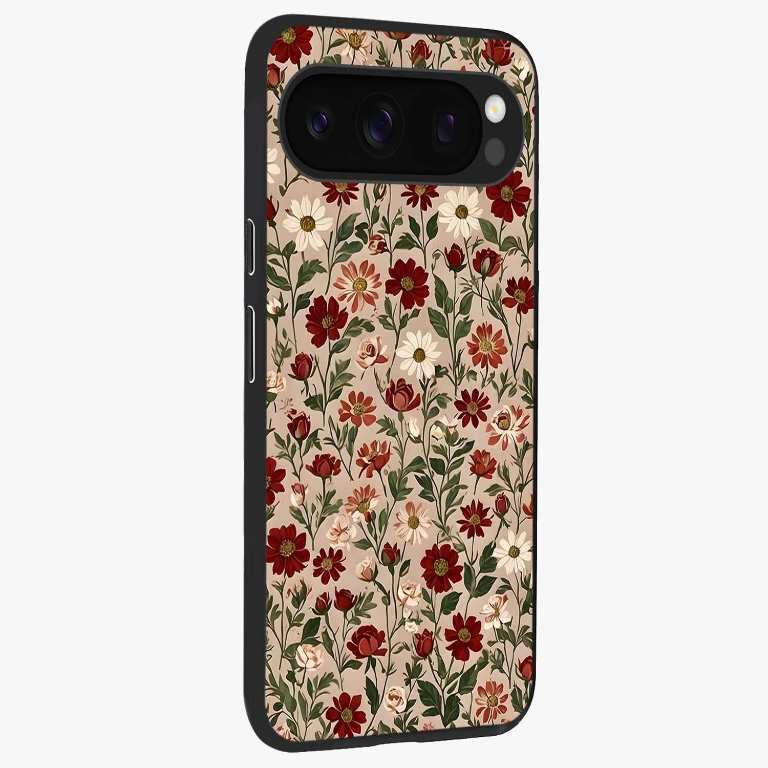 Biege Flower With Leaf Glass Case upright view showcasing delicate beige flower illustration with clean botanical style.