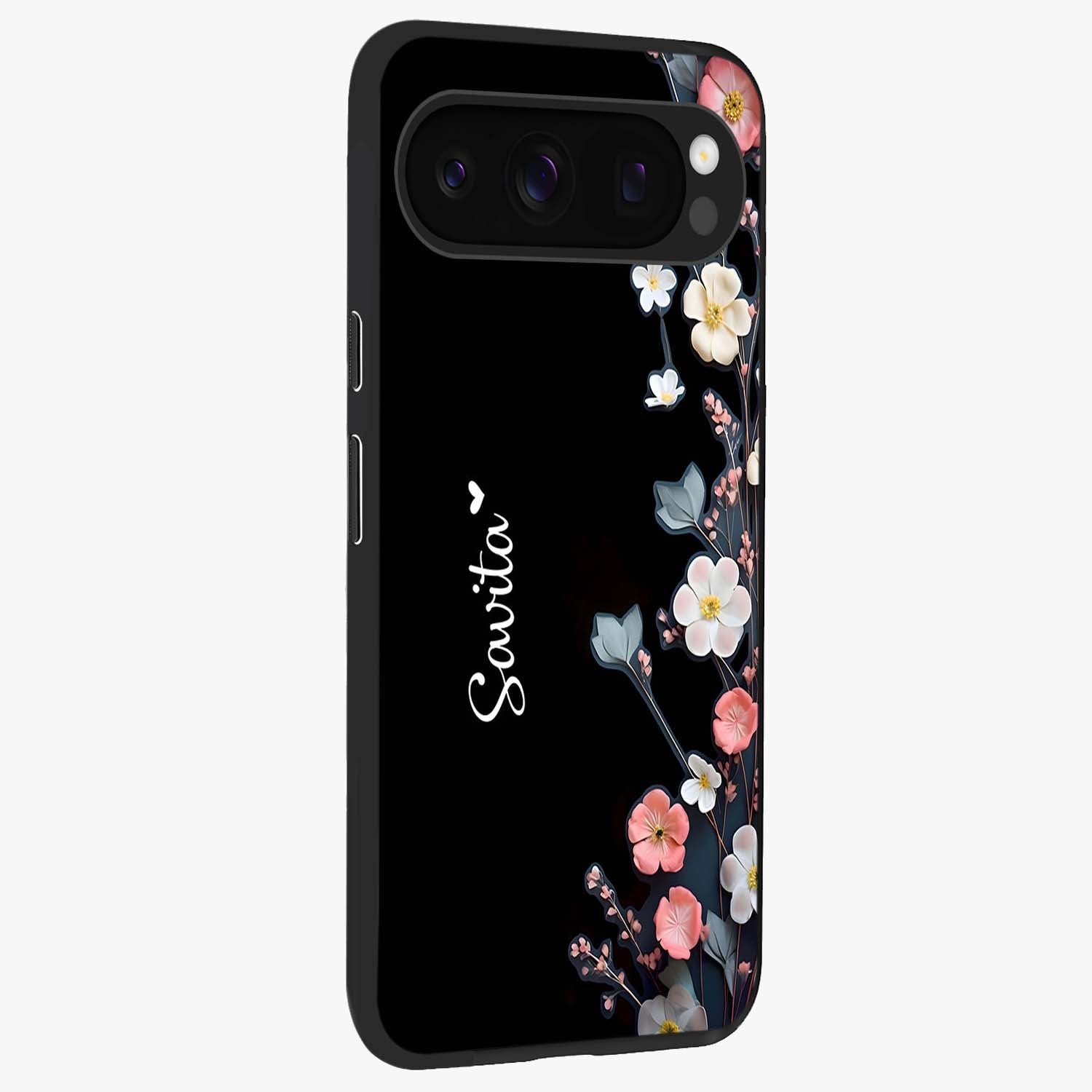 Black Elegance Floral Custom Name Glass Case upright view showcasing luxurious black floral design with personalized name detail.