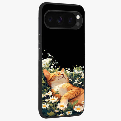 Blissful Bloom Cat Glass Case upright view showcasing charming cat design surrounded by blooming floral elements.